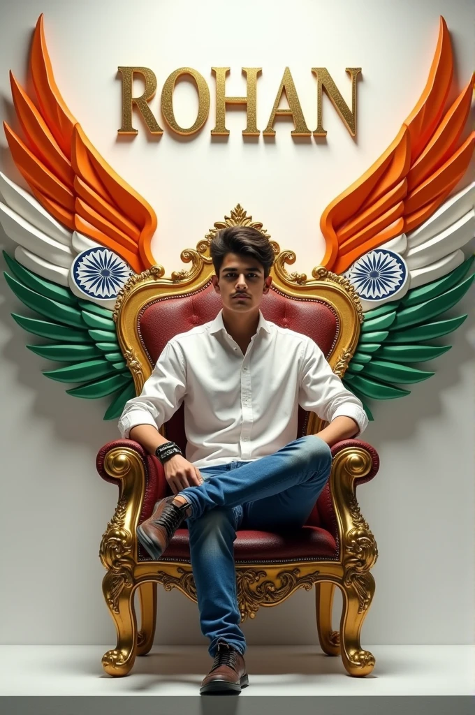 Create realistic illusion image A 20 years old boy is sitting on a king chair with indian tricolor wings and behind him the color of the wall is white on which “ROHAN
” is written in golden. and also written Happy Independence Day” in clear letter written on small size on bottom