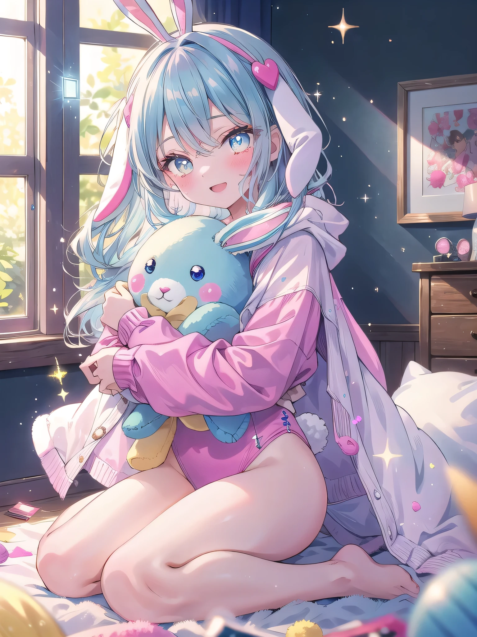 ((8k, Highest quality, masterpiece: 1.3)),Ultra-high resolution,(1 girl, alone), (Color changing eyes, Ultra-detailed, Expressive brilliance, Glitter, Glowing Eyes), Highly detailed eyes, Highly detailed face, Random Hair, ((pastel colour)),A bubbly young woman with pastel blue hair styled into loose waves, sitting on the floor of her sunlit bedroom during a bright morning. She is dressed in a simple yet flirtatious bunny girl cosplay, wearing a soft pink leotard, matching bunny ears, and a fluffy tail. The camera captures her from a slightly low angle as she giggles, holding a small stuffed bunny in her arms, her expression full of joy and playfulness. The room is filled with natural sunlight, with plush toys scattered around, a cozy blanket on the floor, and light-colored walls, creating a playful and cheerful atmosphere.