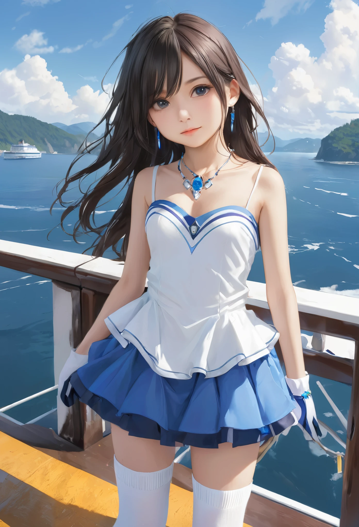 (masterpiece, Highest quality:1.2), one person's, alone,Bony body、、ferry, ((Long Hair)), ferryBase, ((Knee socks)), Exposing shoulders, ((jewelry)), ((No sleeve)), White Dress, Blue Skirt, ((gloves)), Up to the thighs,