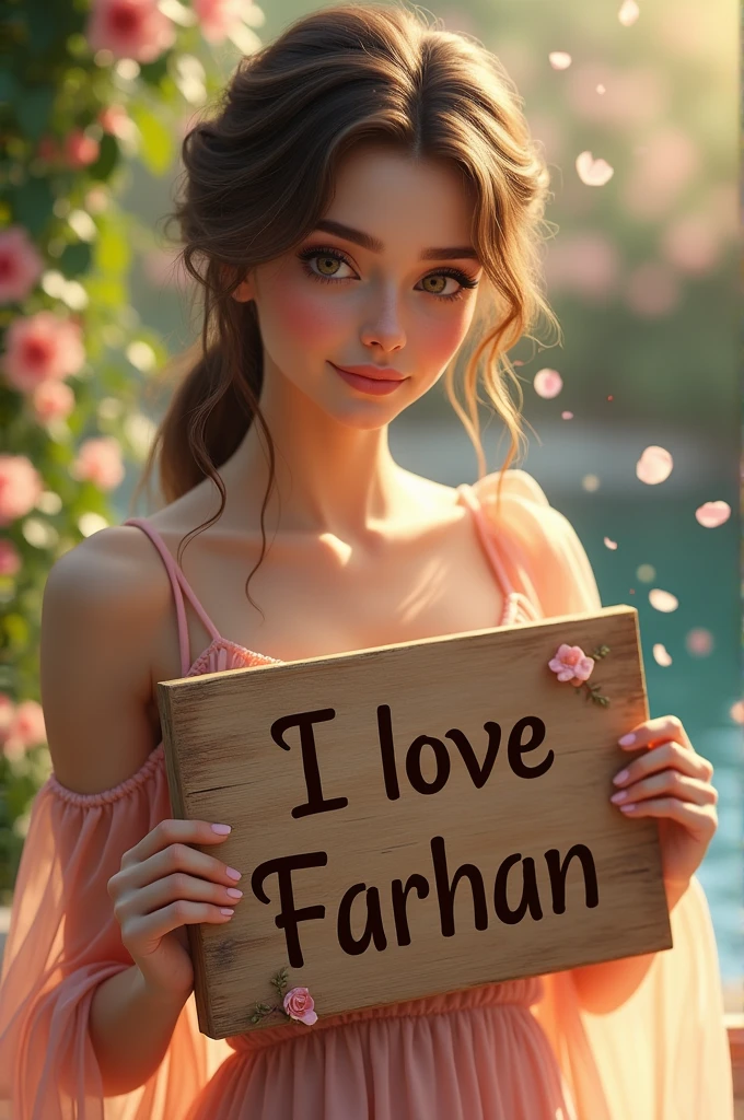 Make a beautiful girl holding board with text (i love farhan)