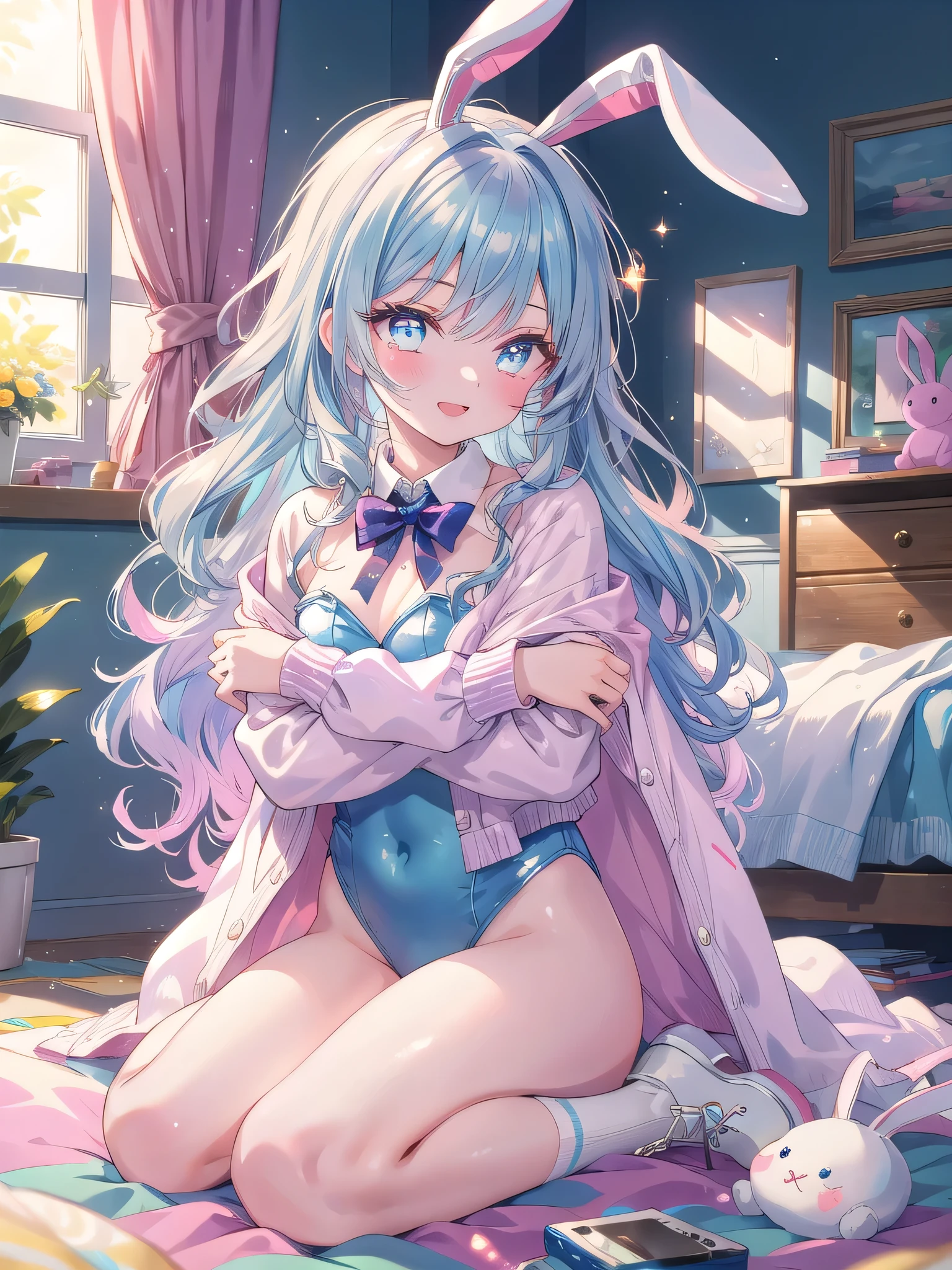 ((8k, Highest quality, masterpiece: 1.3)),Ultra-high resolution,(1 girl, alone), (Color changing eyes, Ultra-detailed, Expressive brilliance, Glitter, Glowing Eyes), Highly detailed eyes, Highly detailed face, Random Hair, ((pastel colour)),A bubbly young woman with pastel blue hair styled into loose waves, sitting on the floor of her sunlit bedroom during a bright morning. She is dressed in a simple yet flirtatious bunny girl cosplay, wearing a soft pink leotard, matching bunny ears, and a fluffy tail. The camera captures her from a slightly low angle as she giggles, holding a small stuffed bunny in her arms, her expression full of joy and playfulness. The room is filled with natural sunlight, with plush toys scattered around, a cozy blanket on the floor, and light-colored walls, creating a playful and cheerful atmosphere.

