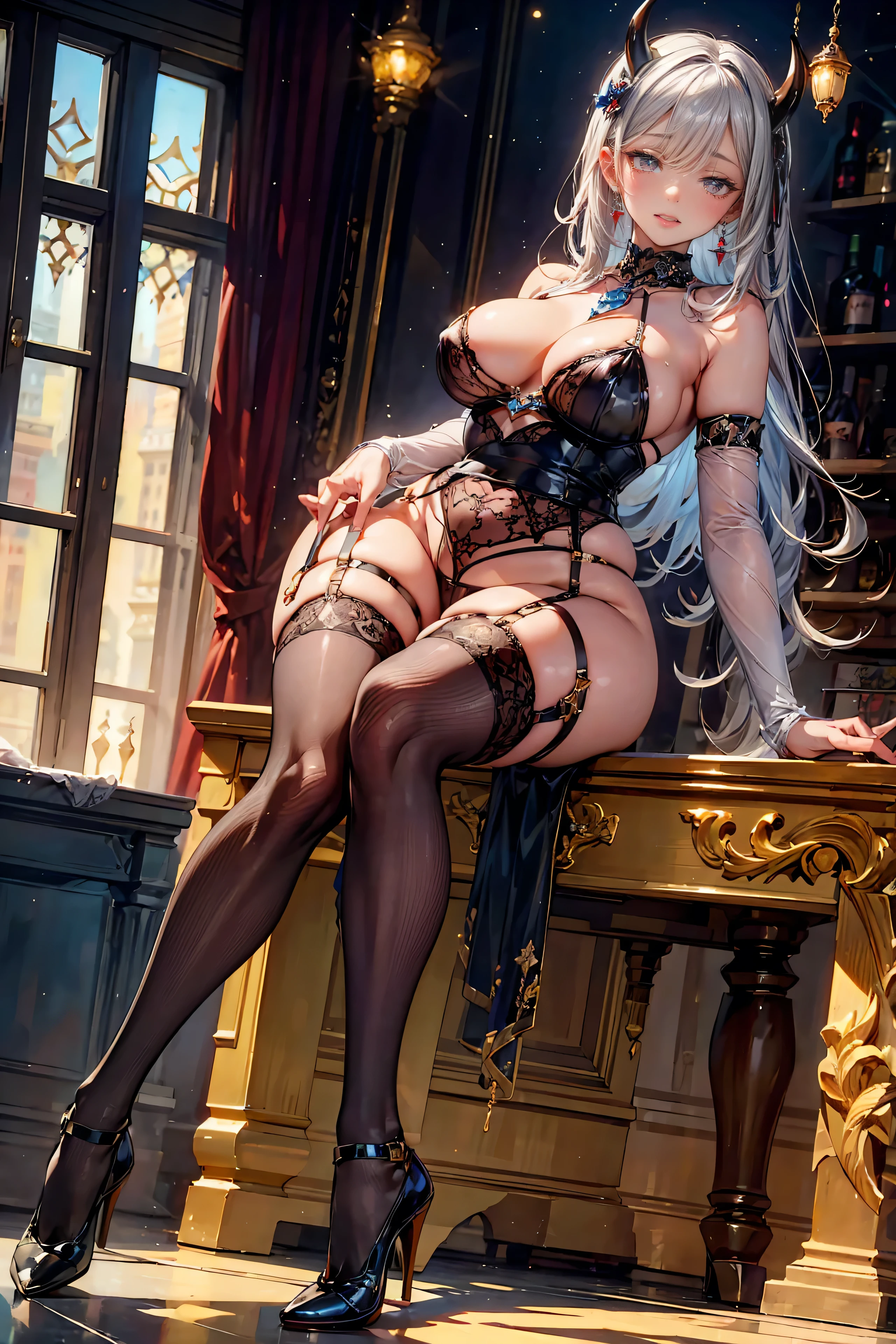 masterpiece,Official Art,8k, masterpiece, Highest quality, Very detailed, One woman、(masturbation:1.5)、garter belt、stockings、Stiletto heels、Black Lace Lingerie、Open-legged pose、Sexy、Beautiful eyes、A devilish smile、Silver Hair、Gold Hair Ornament