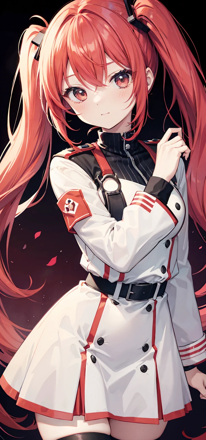 Kasane Teto、Red Hair、cute、Bright expression、Looking at me、Drill-like twin tails、Round eyes、31 years old、White military uniform