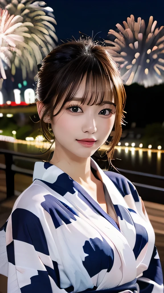 Tabletop, Highest quality, shape, Very detailed, High resolution, 8k wallpaper, Perfect dynamic composition, Ultra detailed face,  Natural Lip,blazer , Cleavage, whole body, Beautiful eyelashes on both eyes, Audience, looking at the camera, Fireworks venue, night, (Cute Yukata, yukata),Her breasts are protruding