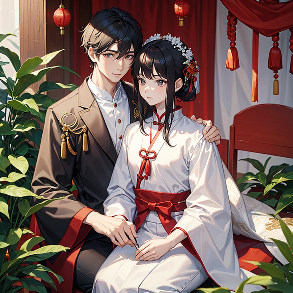 a handsome young man with a good face and a gentle face, wearing a white ancient Chinese costume, sitting on a chair, hugging his little sister old, who is 1 yearblack hair, in a red Chinese new year costume, in the morning, there is sunlight shining in the front yard garden.