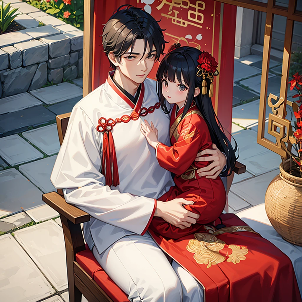 a handsome young man with a good face and a gentle face, wearing a white ancient Chinese costume, sitting on a chair, hugging his little sister 1 year old, who is 1 year old, black hair, in a red Chinese new year costume, in the morning, there is sunlight shining in the front yard garden.