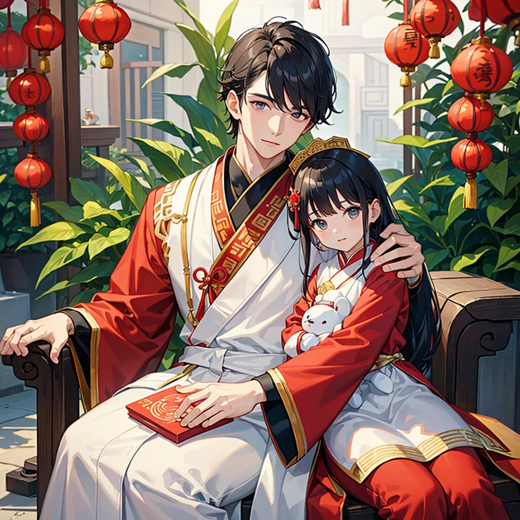 a handsome young man with a good face and a gentle face, wearing a white ancient Chinese costume, sitting on a chair, hugging his little sister 1 year old, who is 1 year old, black hair, in a red Chinese new year costume, in the morning, there is sunlight shining in the front yard garden.