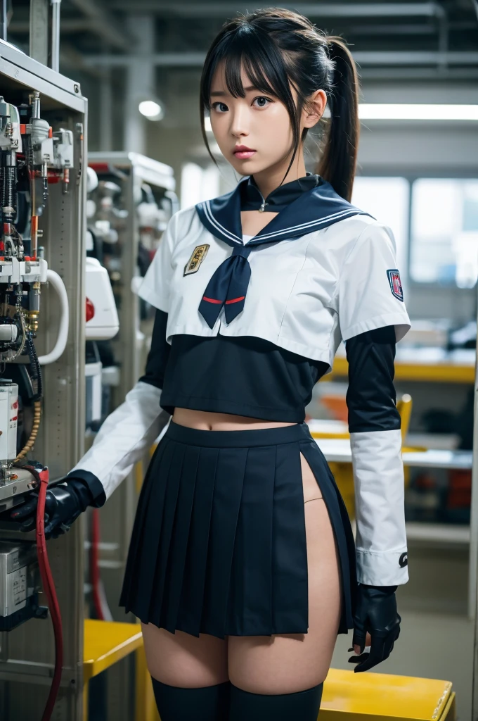 masterpiece, Best Quality, Extremely detailed, Japaese android highschool Girl,Plump ,Navy Pleated Mini Skirt,Black tights,control panels,android,Droid,Mechanical Hand, Robot arms and legs, Black Robot Parts,Black hair,Mechanical body,Blunt bangs,White abdomen,White Robotics Parts,perfect robot woman,The laboratory of the future,cyberpunked,Charging spot,android factory,Robot Factory,cyborg factory,Long Tube,A thick cable connects her neck,ceramic body,blue eyes,Mechanical body,android,robot humanoid,japanese highschool girl uniform,perfect robot girl