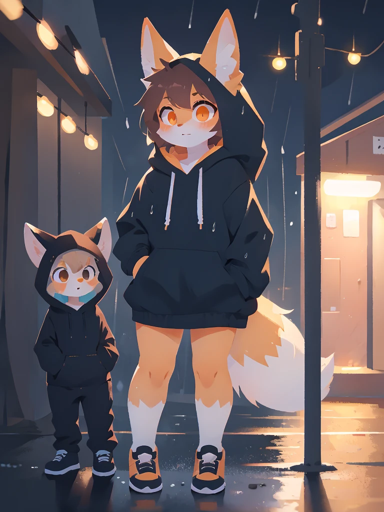 high quality, 1boy, femboy, short, cute, slightly thick thighs, fox, pastel orange fur, ruffled hair, pastel brown hair, orange pupils, starry highlights, fennec fox hoodie, hoodie on, fame fox ears on hoodie, real fox ears under the hoodie, nonchalant look, tail swaying left and right, dark ambience, night, raining, standing at a bus stop