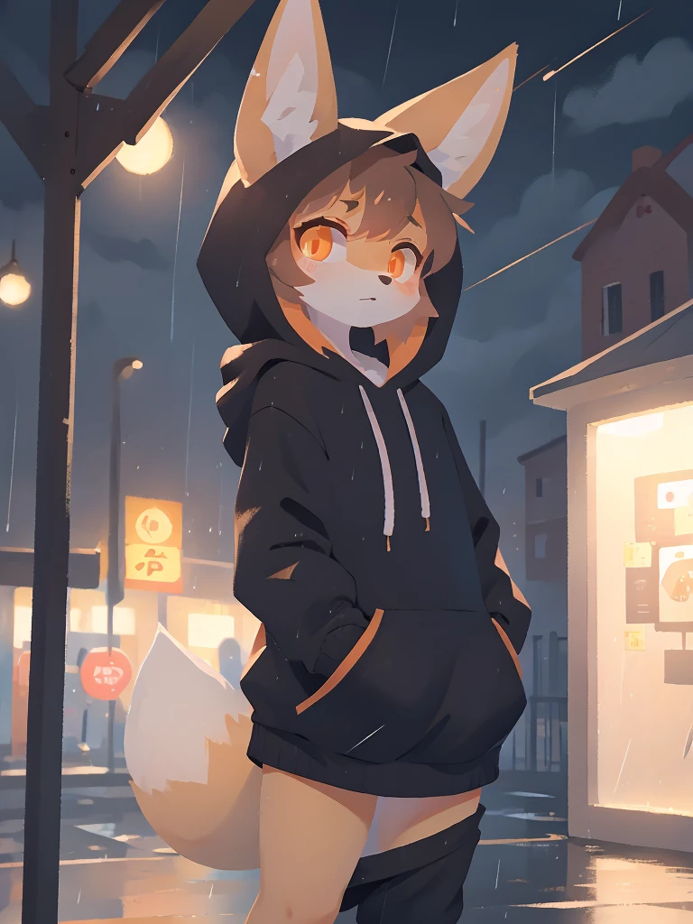 high quality, 1boy, femboy, short, cute, slightly thick thighs, fox, pastel orange fur, ruffled hair, pastel brown hair, orange pupils, starry highlights, fennec fox hoodie, hoodie on, fame fox ears on hoodie, real fox ears under the hoodie, nonchalant look, tail swaying left and right, dark ambience, night, raining, standing at a bus stop