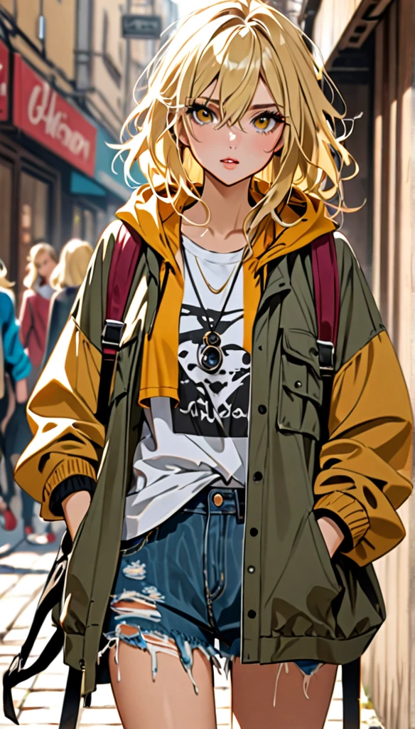 Beautiful and blond, messy and stylish clothes