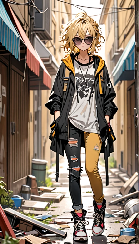 Beautiful and blond, messy and stylish clothes 