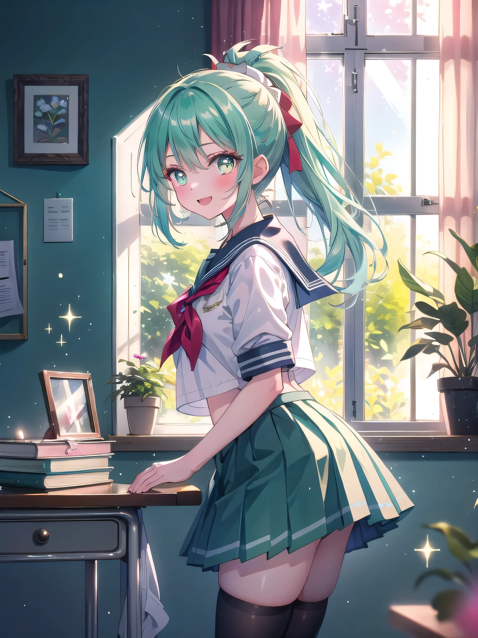 ((8k, Highest quality, masterpiece: 1.3)),Ultra-high resolution,(1 girl, alone), (Color changing eyes, Ultra-detailed, Expressive brilliance, Glitter, Glowing Eyes), Highly detailed eyes, Highly detailed face, Random Hair, ((pastel colour)),A joyful young woman with pastel mint-green hair styled into a high ponytail, standing by her window in her brightly lit bedroom during a sunny afternoon. She is dressed in a cute yet subtly sexy sailor uniform cosplay, wearing a pleated skirt, a sailor collar top, and knee-high socks. The camera captures her from a side angle as she looks out the window with a bright smile, her expression full of excitement and happiness. The room is bathed in warm sunlight, with a small potted plant on the windowsill, a neatly made bed, and a few schoolbooks on the desk, creating a fresh and lively atmosphere.