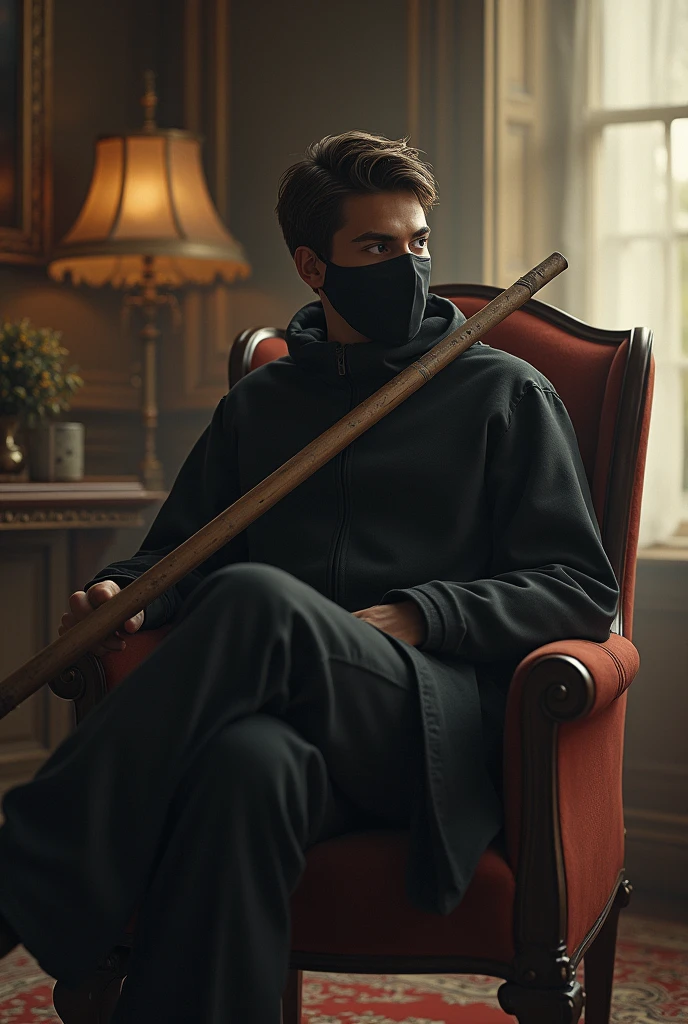 Sitting on a chair, holding a big stick, and wearing a heavy mask, a handsome boy of about 22 years old, looking across a beautiful room.