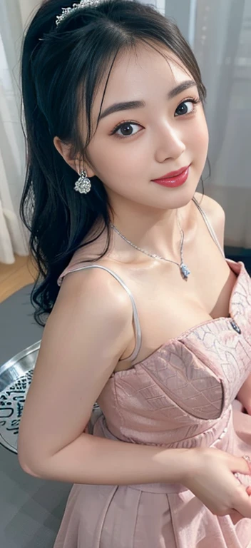 Beautiful, cute baby Face,  russian lolita Girl, blue eyes, high ponytail hair, black hair, hair ornaments, wearing sexy pink mini kebaya dress, micro skirt, Rounded medium Breast, cleavage cutout, slightly Chubby , luxury necklace, White Skin, Smiling, bedroom Background, full body portrait, high heels, Perfect Potrait, Bokeh Effect, Look at Viewer, Armpit, Perfect Eye, Perfect Hand, Perfect Finger, Bracelet, Ring, ((adorable:1.2)), ((masterpiece:1.1)), ((bokeh:1.2)). (A young and very beautiful woman is lying on a large silver tray:1.4)、(mouth wide open:1.５)、(Frowning detailed eyebrows:1.５)、Eyes closed:1.1、Detailed sweaty skin:1.0、Detailed eyelids、saliva:、Detailed teeth、Detailed tongue、Blushing、Ears are red、Close up on face、Secret Clubs、Shot from above、