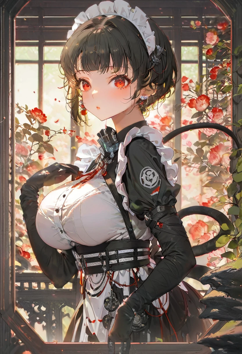 (score_9, score_8_superior, score_7_superior, score_6_superior, score_5_superior, score_4_superior), masterpiece, Highest quality, expensive_solve, 8k, Ultra-high resolution, One girl, detailed, extremely detailed, Best Anatomy, (Large Breasts), short hair, Black Hair, bangs, Red eyes, Maid clothes, stockings, black stockings, tail,