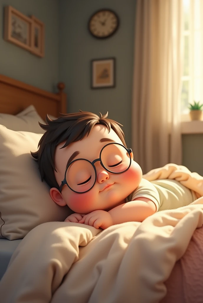 A cute little fat boy wearing glasses is lying on the bed