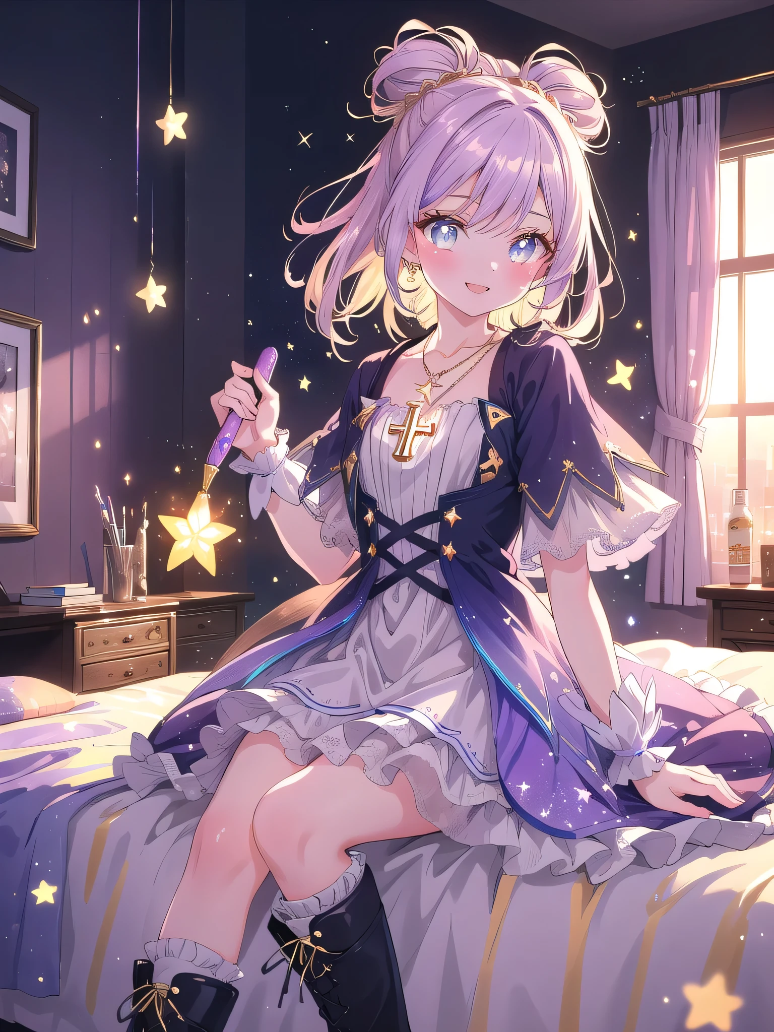 ((8k, Highest quality, masterpiece: 1.3)),Ultra-high resolution,(1 girl, alone), (Color changing eyes, Ultra-detailed, Expressive brilliance, Glitter, Glowing Eyes), Highly detailed eyes, Highly detailed face, Random Hair, ((pastel colour))A lively young woman with pastel lavender hair styled into twin buns, sitting cross-legged on her bed in her softly lit bedroom during a golden hour evening. She is dressed in a sweet yet subtly sexy magical girl cosplay, wearing a short frilly dress with a star-shaped pendant, and matching thigh-high boots. The camera captures her from a frontal angle as she smiles brightly, holding a magical wand in her hand, her expression full of energy and enthusiasm. The room is warmly lit by the setting sun, with a few glowing star decals on the walls, a small plush toy beside her, and a soft, colorful bedspread, creating a whimsical and joyful atmosphere.