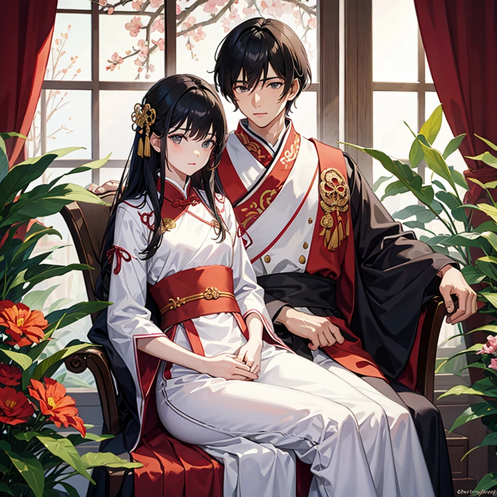 a handsome young man with a good face and a gentle face, wearing a white ancient Chinese costume, sitting on a chair, hugging his little sister 1 year old, who is 1 year old, black hair, in a red Chinese new year costume, in the morning, there is sunlight shining in the front yard garden.