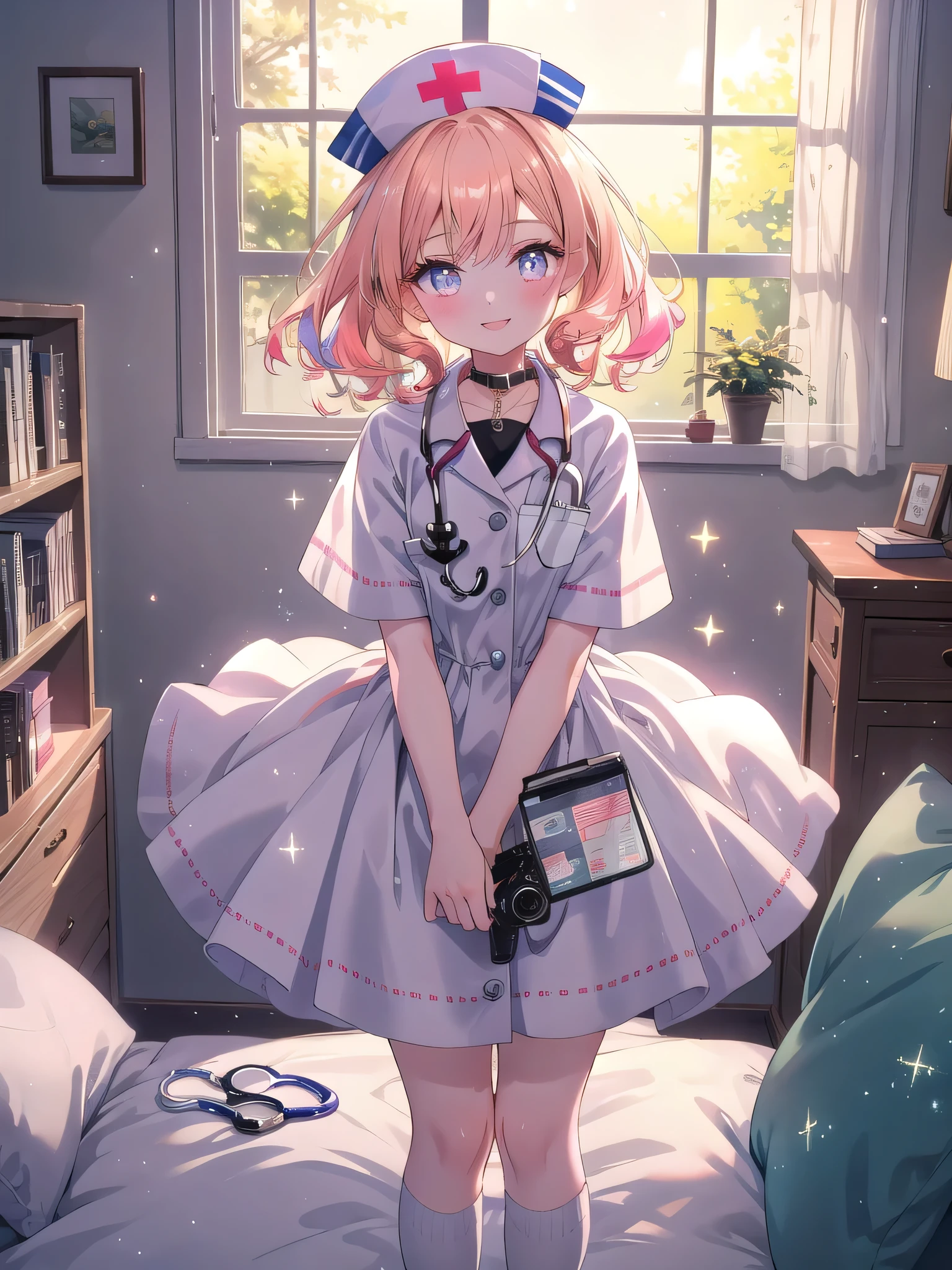 ((8k, Highest quality, masterpiece: 1.3)),Ultra-high resolution,(1 girl, alone), (Color changing eyes, Ultra-detailed, Expressive brilliance, Glitter, Glowing Eyes), Highly detailed eyes, Highly detailed face, Random Hair, ((pastel colour))A cheerful young woman with pastel peach-colored hair styled into soft curls, standing near her desk in her cozy bedroom during a sunny morning. She is dressed in a modest yet charming vintage nurse cosplay, wearing a knee-length white dress with a small red cross on the collar, and a matching nurse's cap. The camera captures her from a slightly elevated angle as she adjusts her cap with a bright smile, her expression full of warmth and care. The room is filled with natural light, with a few medical-themed decorations like a stethoscope and a small medicine kit, a neatly arranged bed, and light-colored walls, creating a comforting and welcoming atmosphere.