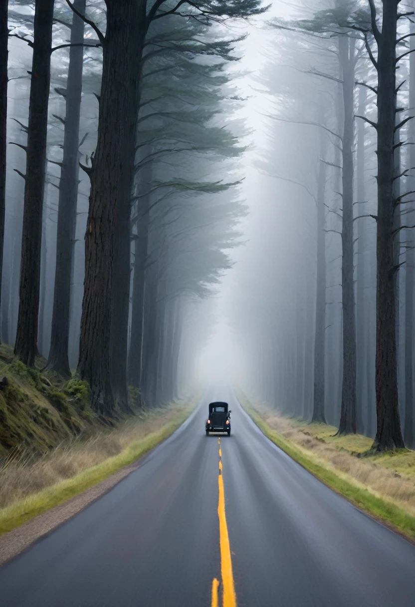 Jake driving past the same old man again on the endless road, with the old man waving in the same eerie manner. The road is identical to before, with tall, dark trees on either side, creating a sense of déjà vu and inescapability.