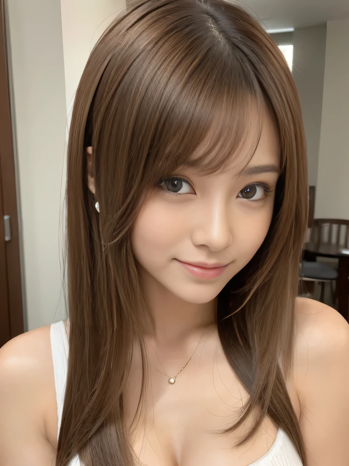 (Best Quality, absolutely resolution, Ultra High Resolution, masterpiece), (Photorealistic:1.4), Beautiful Eyes, Japanese Idol, Super Beautiful, light brown hair, messy hair, Beautiful, Sweetheart, (white camisole:1.4), Eyes That Invite Viewer, Lover's Perspective, Inviting Expression, Sexy Smile, Stylish, Perfect Style, Perfect Balance, Detailed Skin, Naughty Gaze,