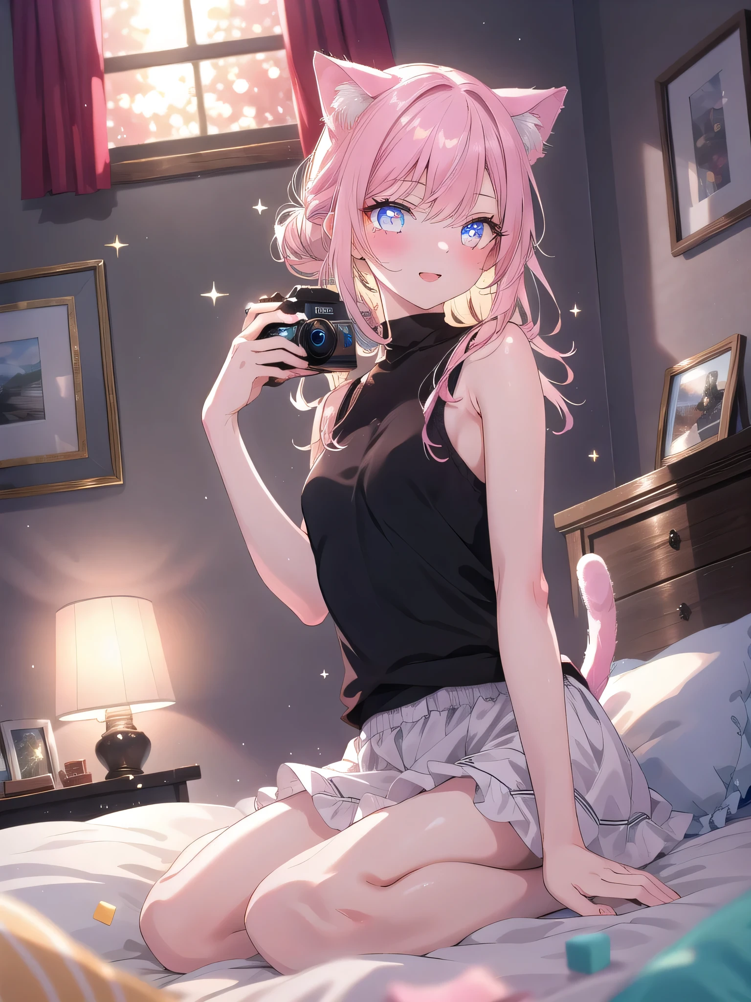((8k, Highest quality, masterpiece: 1.3)),Ultra-high resolution,(1 girl, alone), (Color changing eyes, Ultra-detailed, Expressive brilliance, Glitter, Glowing Eyes), Highly detailed eyes, Highly detailed face, Random Hair, ((pastel colour)),A playful young woman with pastel pink hair styled into a messy bun, sitting on the edge of her bed in her softly lit bedroom during a bright afternoon. She is dressed in a simple yet subtly sexy catgirl cosplay, wearing a soft, form-fitting black top with matching cat ears and a tail. The camera captures her from a low angle as she playfully winks at the camera, her expression full of mischief and charm. The room is filled with warm sunlight, with a few scattered cushions, a small scratching post by the bed, and a cozy, feline-themed atmosphere, creating a fun and lively environment.