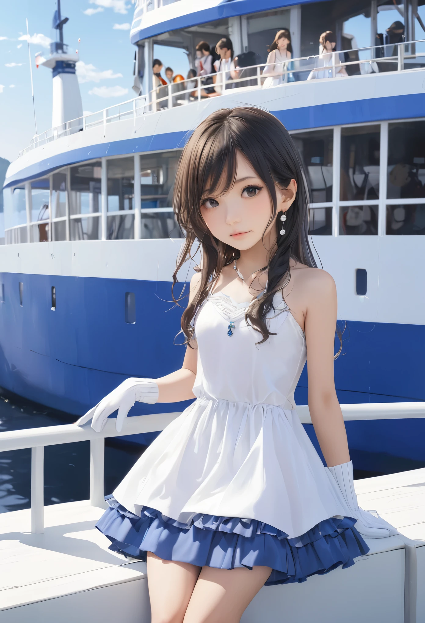 (masterpiece, Highest quality:1.2), one person&#39;s, alone,Bony body、5 years old、ferry, ((Long Hair)), ferryBase, ((Knee socks)), Exposing shoulders, ((jewelry)), ((No sleeve)), White Dress, Blue Skirt, ((gloves)), Up to the thighs, 