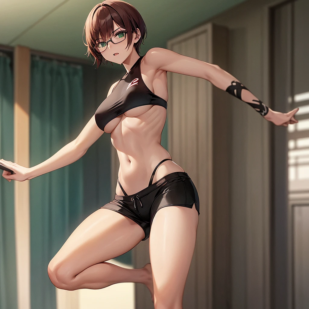 A tall young woman, athletic, toned, with a white skin, with some tatooes, red short hair with a fringe, green eyes, black glasses, a black sport bra and black sport shorts on, barefooted, full body picture, she's in a dojo