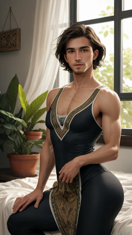 (photorealism:1.2), young man, sitting on bed, wearing loose cultivation dress,, very short spikey boyish hair, indoors, soft lighting, plants in background, window with sunlight, cozy room, relaxed pose, realistic, intricate details, warm colors, by Greg Rutkowski, by Alphonse Mucha, wide hips , long legs, thick thighs, large feminine hips, thin and narrow weist, leggings , hot man