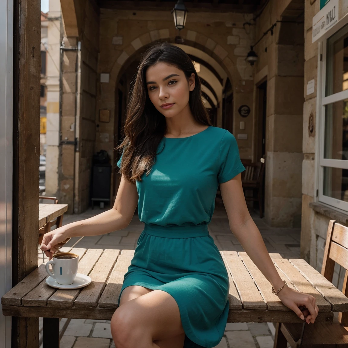 A young woman sits at a table in Italy , have coffee , elle est belle à regarder , your short dress shapes your body, elle regarde la caméra 