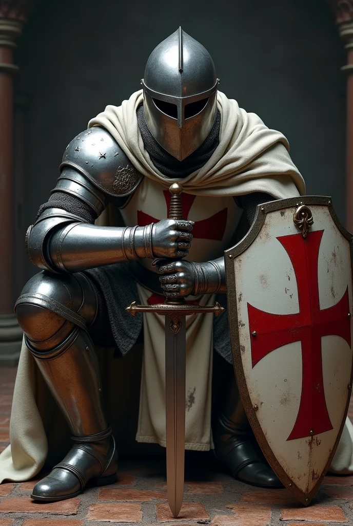 Templar knight in armor crouching holding his sword and shield