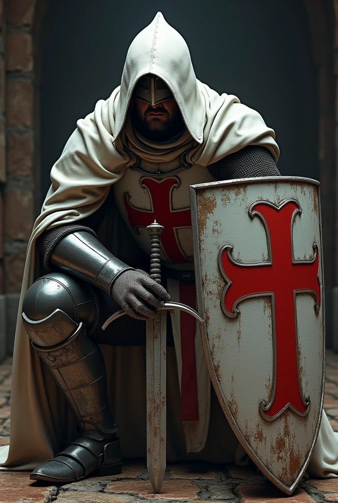 Templar knight in armor crouching holding his sword and shield