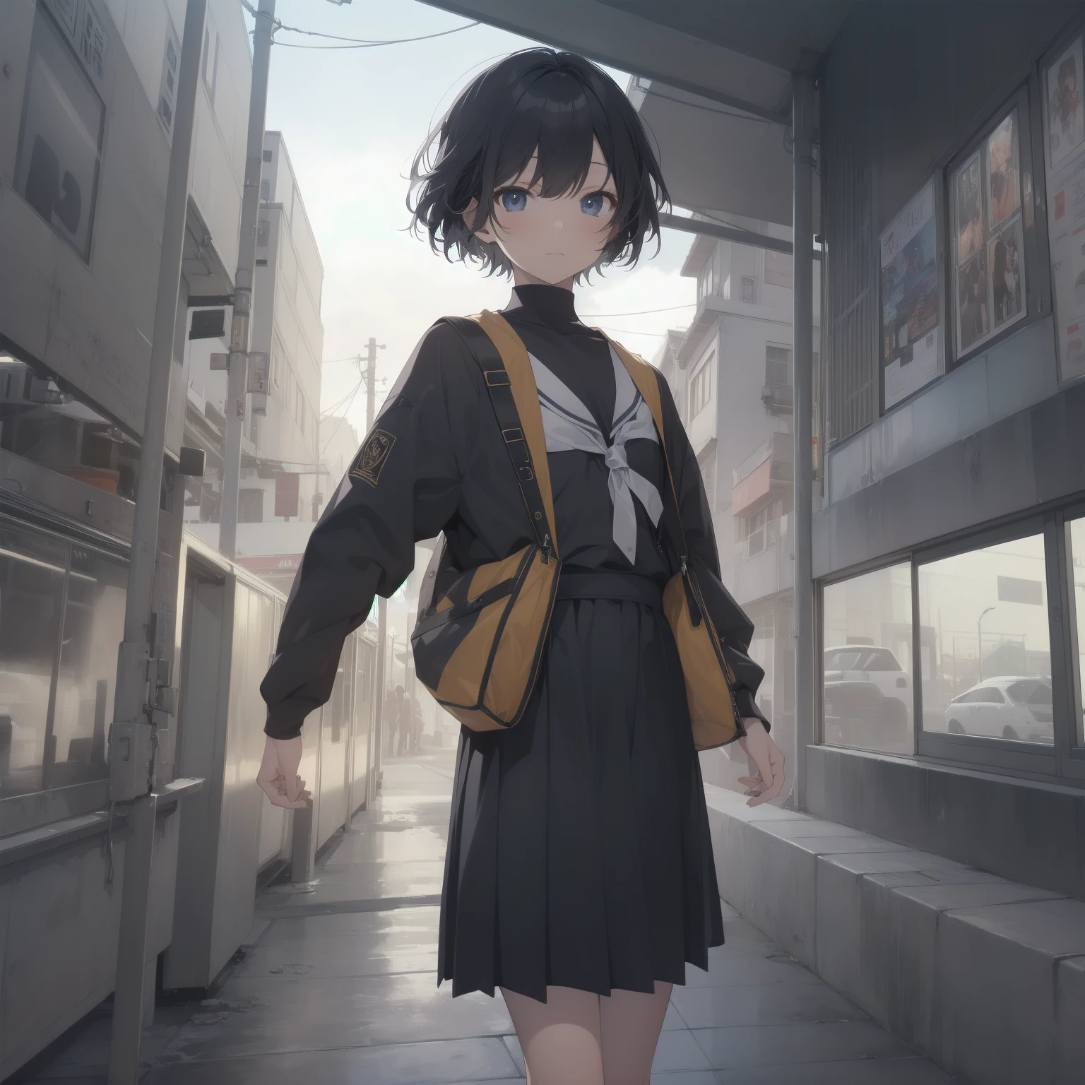 ultra-absurdres-Top quality by artist God, ultra-detailed, high resolution, anime moe artstyle, best anime 8k konachan wallpaper, pixiv contest winner, pool:2810, perfect anatomy,break, 1girl, (Please draw a girl walking sleepily to school alone. )break,(Solo,little female, 13-year-old:1.3),Full limbs, complete fingers,a junior high school student, (very short hair), short cut, flat chest, , small butt, small black eyes, beautiful detailed eyes, well-proportioned iris and pupils, expressive eyes, highres detailed hair, soft expression, salor school_uniform, sailor collar, serahuku, bow, pleated skirt,(Detailed Lighting), (Detailed background), in the School commute route. break,super detailed skin, Best cinematic lighting powered by famous artist, 8k,beauty illustration,photoshop_(medium),very aesthetic,break,((artist:shiromanta )), artist:clamp ,artist:carnelian ,artist:kantoku ,