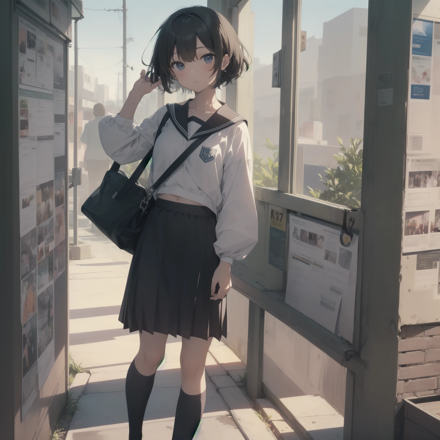 ultra-absurdres-Top quality by artist God, ultra-detailed, high resolution, anime moe artstyle, best anime 8k konachan wallpaper, pixiv contest winner, pool:2810, perfect anatomy,break, 1girl, (Please draw a girl walking sleepily to school alone. )break,(Solo,little female, 13-year-old:1.3),Full limbs, complete fingers,a junior high school student, (very short hair), short cut, flat chest, , small butt, small black eyes, beautiful detailed eyes, well-proportioned iris and pupils, expressive eyes, highres detailed hair, soft expression, salor school_uniform, sailor collar, serahuku, bow, pleated skirt,(Detailed Lighting), (Detailed background), in the School commute route. break,super detailed skin, Best cinematic lighting powered by famous artist, 8k,beauty illustration,photoshop_(medium),very aesthetic,break,((artist:shiromanta )), artist:clamp ,artist:carnelian ,artist:kantoku ,
