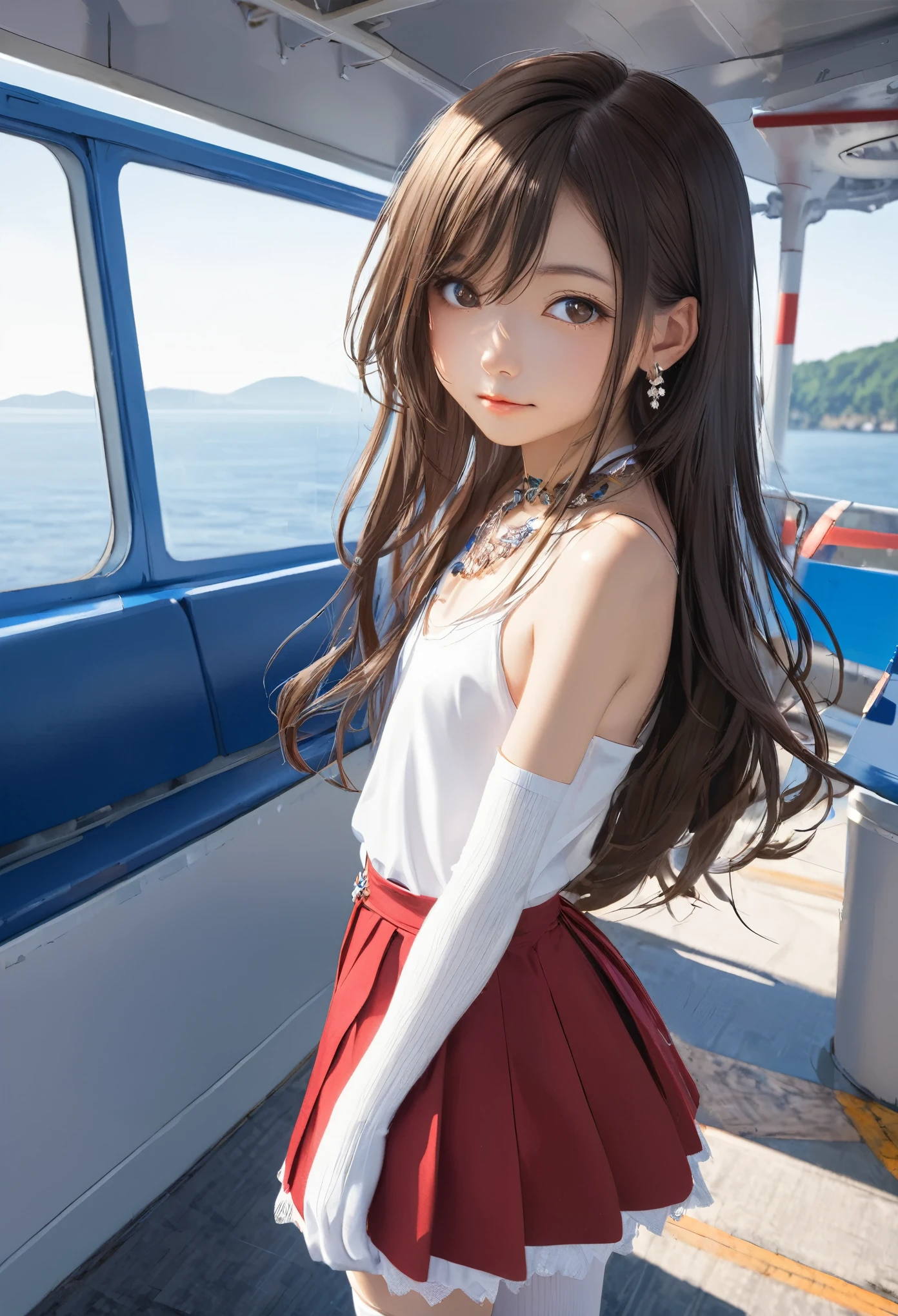 (masterpiece, Highest quality:1.2), one person's, alone,Bony body、、ferry, ((Long Hair)), ferryBase, ((Knee socks)), Exposing shoulders, ((jewelry)), ((No sleeve)), White Dress, Red Skirt, ((gloves)), Up to the thighs,