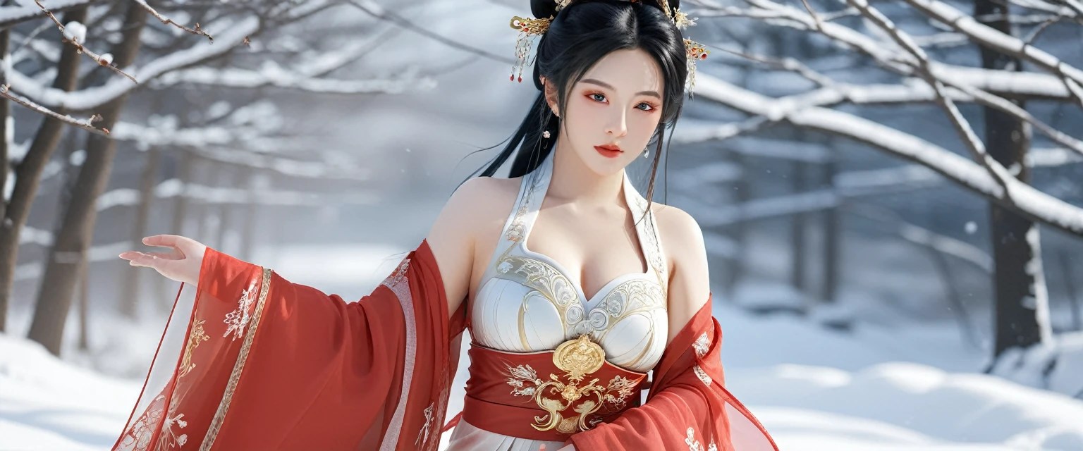 a close up of a woman in a red dress posing in the snow, japanese goddess, a beautiful fantasy empress, thicc, extremely detailed goddess shot, giant stunning goddess shot, anime goddess, wlop and sakimichan, heavy detailed, trending on cgstation, ((a beautiful fantasy empress)), goddess. extremely high detail, oppai