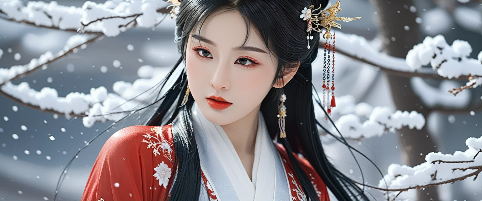 a close up of a woman in a red dress posing in the snow, japanese goddess, a beautiful fantasy empress, thicc, extremely detailed goddess shot, giant stunning goddess shot, anime goddess, wlop and sakimichan, heavy detailed, trending on cgstation, ((a beautiful fantasy empress)), goddess. extremely high detail, oppai