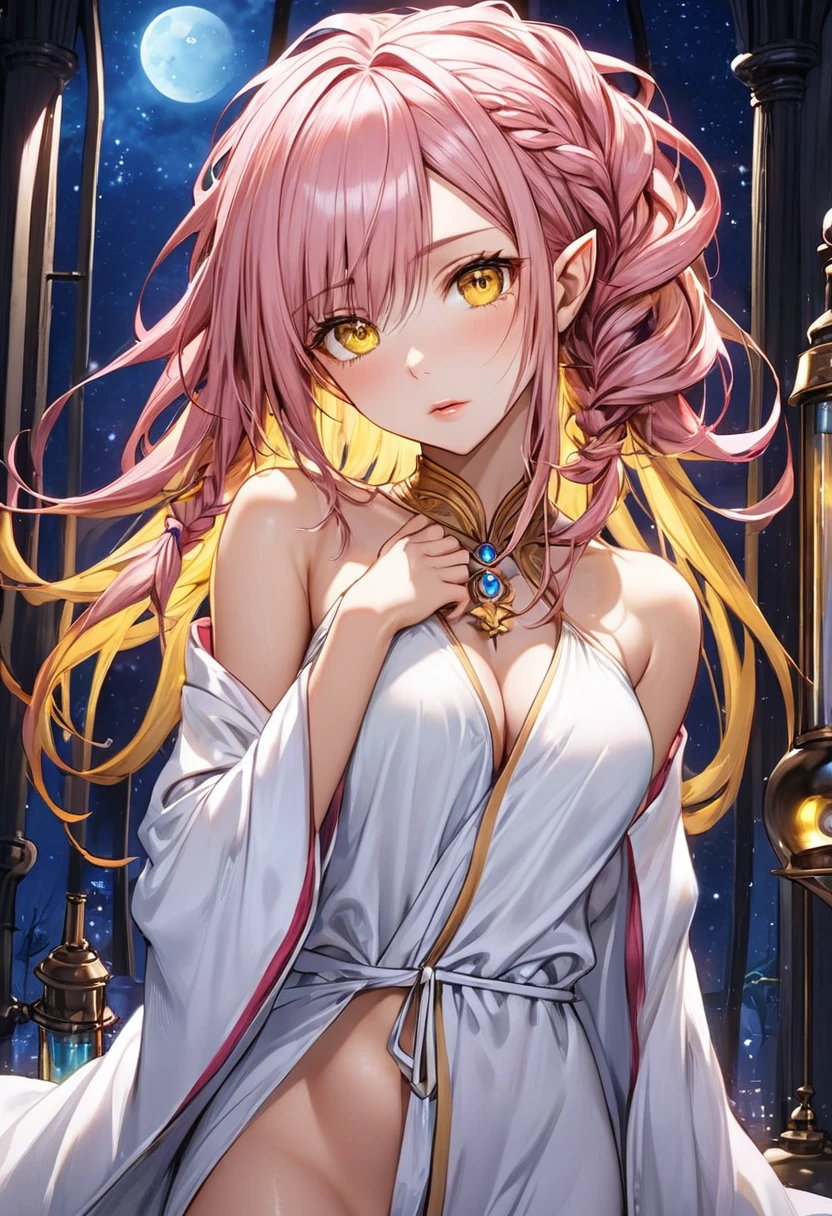 (beautiful elf style), (((tanned skin))) (pov, love style, solo:2, 1000 yo), (beautiful detailed dreadlocks:1.4) (beautiful pink hair long hair y elf woman) (beautiful sexellow eyes) ((troubled face)) (glossy lip), (small tits), a detailed night robe), break, in the enchanted laboratory, background night sky, BREAK, 16k, masterpiece, best quality, immensely detailed beautiful night.