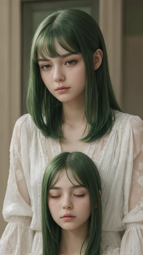 a girl, european, extremely detailed face, oval face, delicate features, charming and extremely detailed half-closed eyes, green eyes, long straight and very thick hairstyle, green hair, sad disappointed expression