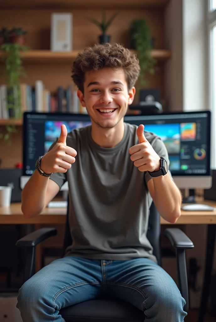 man YouTuber in front of computer making written thumbs up gesture "Kennai"