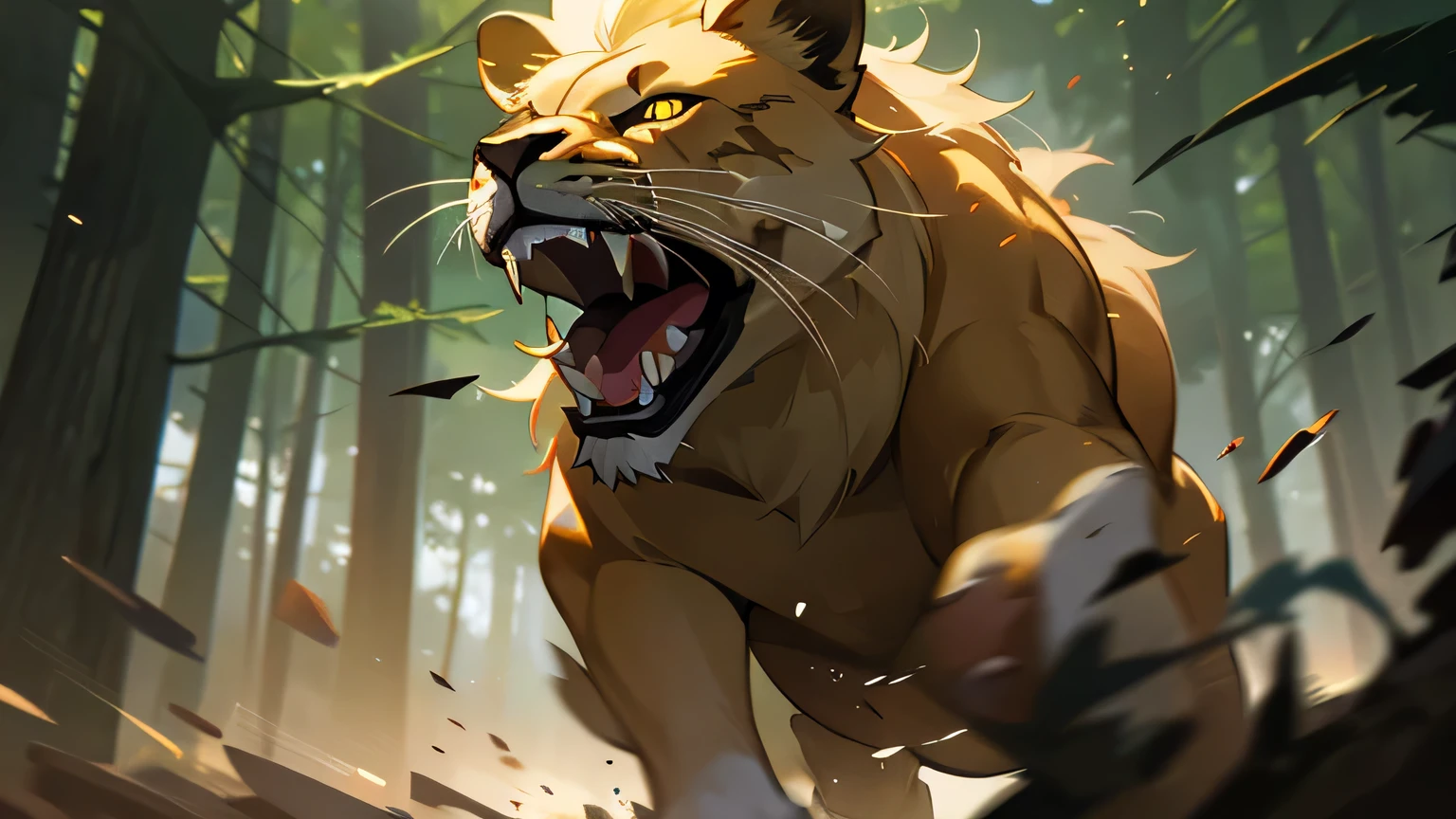 Motion scene, lion in forest leaping into the air attacking, epic, glowing yellow eyes, shiny eyes, sharp fangs, dim lighting, hyper realistic, cinematic lighting, intricate details, 8k, high quality, photorealistic, dramatic, powerful, majestic