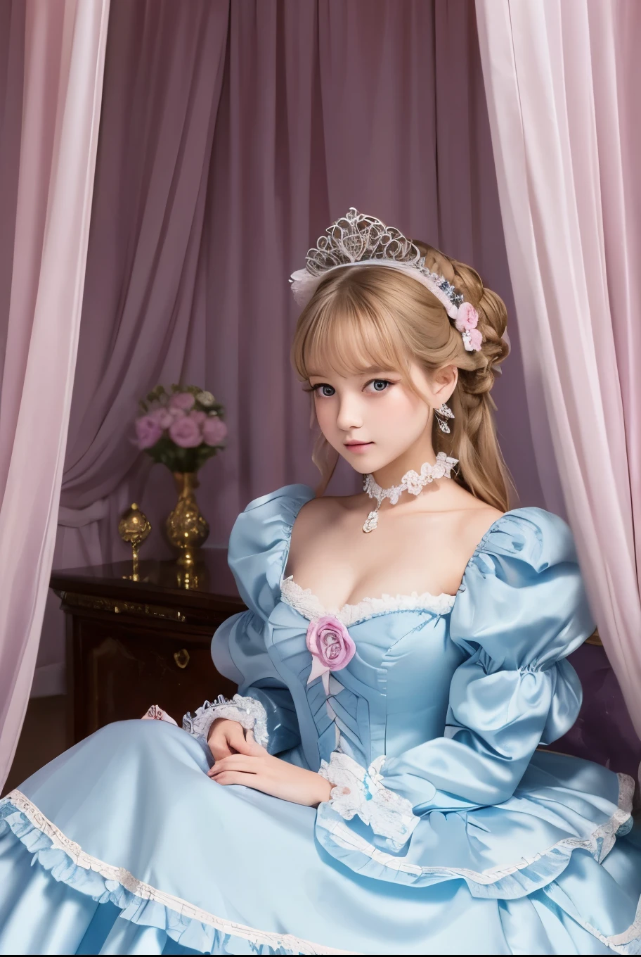 highest quality, masterpiece, highest resolution, artwork, super それにget used to it, many get used to it, get used to it, それにget used to it, 3k realistic pictures,,((12 year old s)),Ultra-detailed juvenile face,ultra-detailed beautiful little girl princess,full length ball gown dress with hoop skirt,ruffled yoke collar,puff sleeves,long sleeve,((Lolita style light blutailed princess satin dress with lots of ruffles and ribbons)),Rococo style lolita fashion,shiny satinss,Soft and smooth fabric,detailed princess dress,luxury,long blonde hair,blue eyes,white skin european,Pajama,((in the bedroom of the palace)),luxury princess canopy king size pink bed,shiny satin sheets,ultra-detailed princess bed,High-quality background,lot of frilled pillows,on the bed,