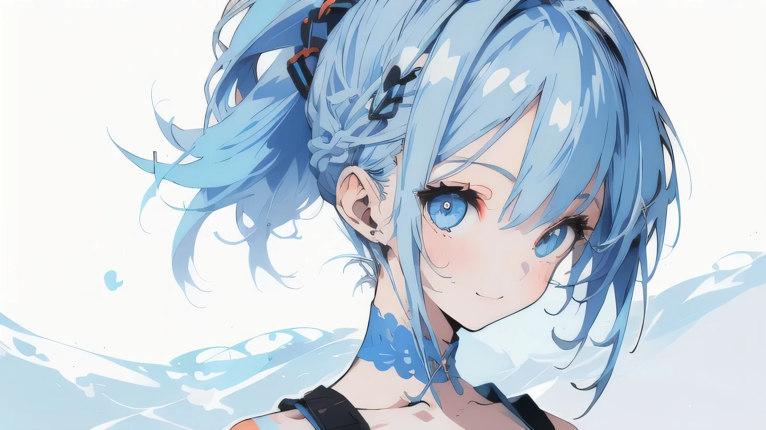 masterpiece, best quality, solo, 1girl, smile, (baby blue hair, ponytail) and (baby blue eyes), (summer casual and cute clothes), (((bold outline))), blue theme, Vector art, (no background)