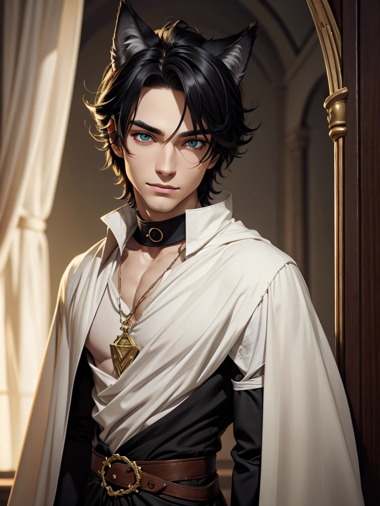 (best quality), 1boy, male, pale skin, black hair, medium hair, curtain hair, tousled hair, green eyes, perfect eyes, dark circles under eyes, (wolf ears), (wolf tail), collar, wolfboy, light smile, masterpiece, anatomically correct, highres