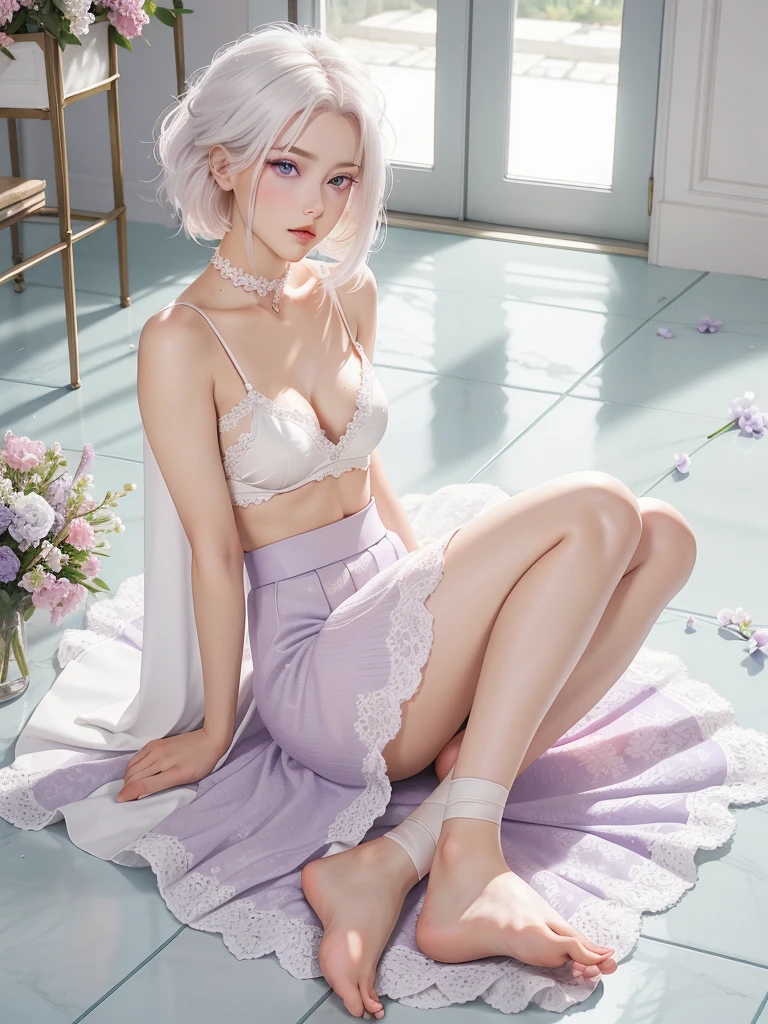 realisitic, 1 girl, White hair, purples eyes, glare eyes, top cut, overskirt, parted lips, blush, natta, flowers, floor, floorlight, no clothing, sitting, with leg open 