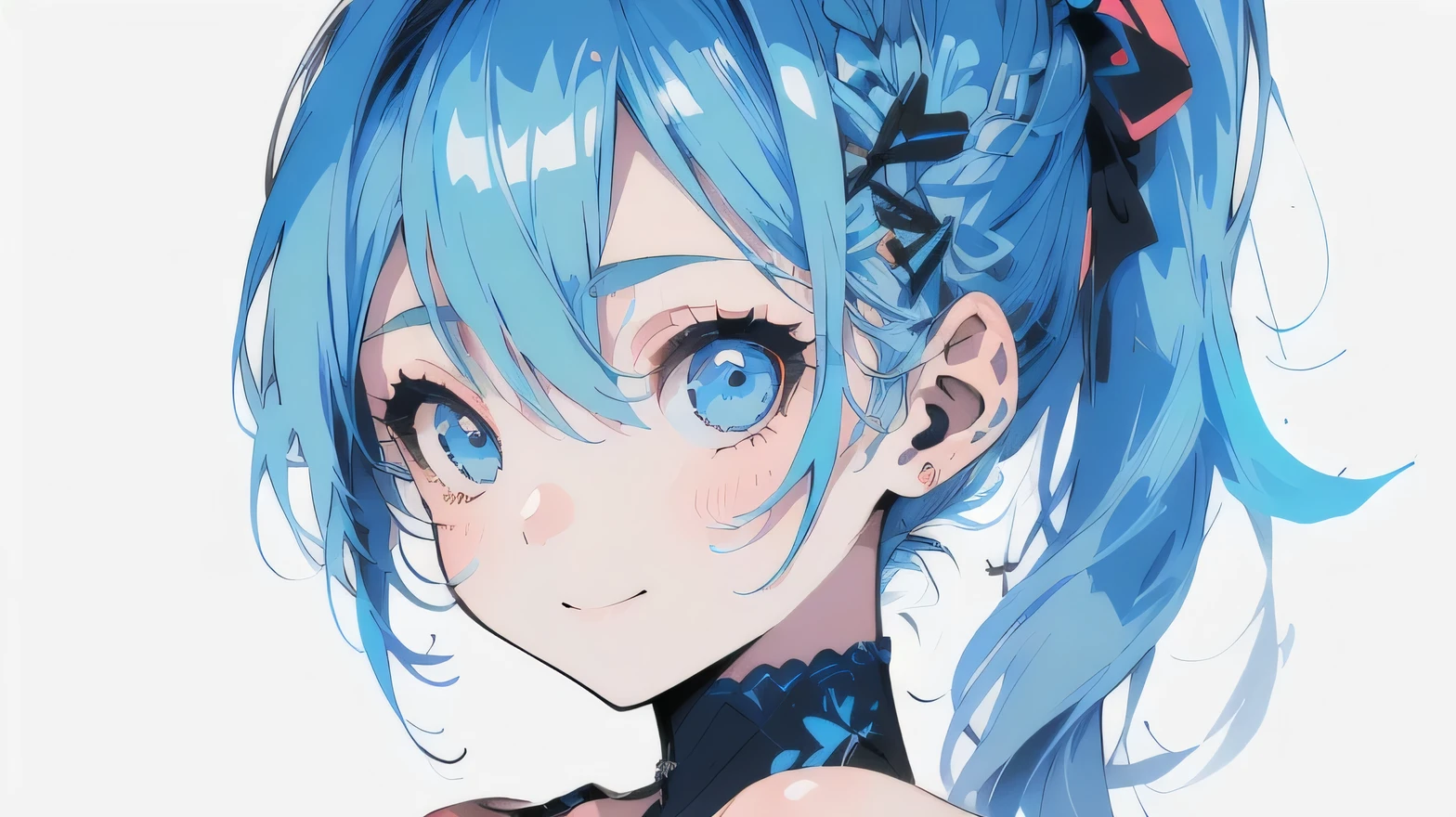 masterpiece, best quality, solo, 1girl, smile, (baby blue hair, ponytail) and (baby blue eyes), (summer casual and cute clothes), (((bold outline))), blue theme, Vector art, (no background)