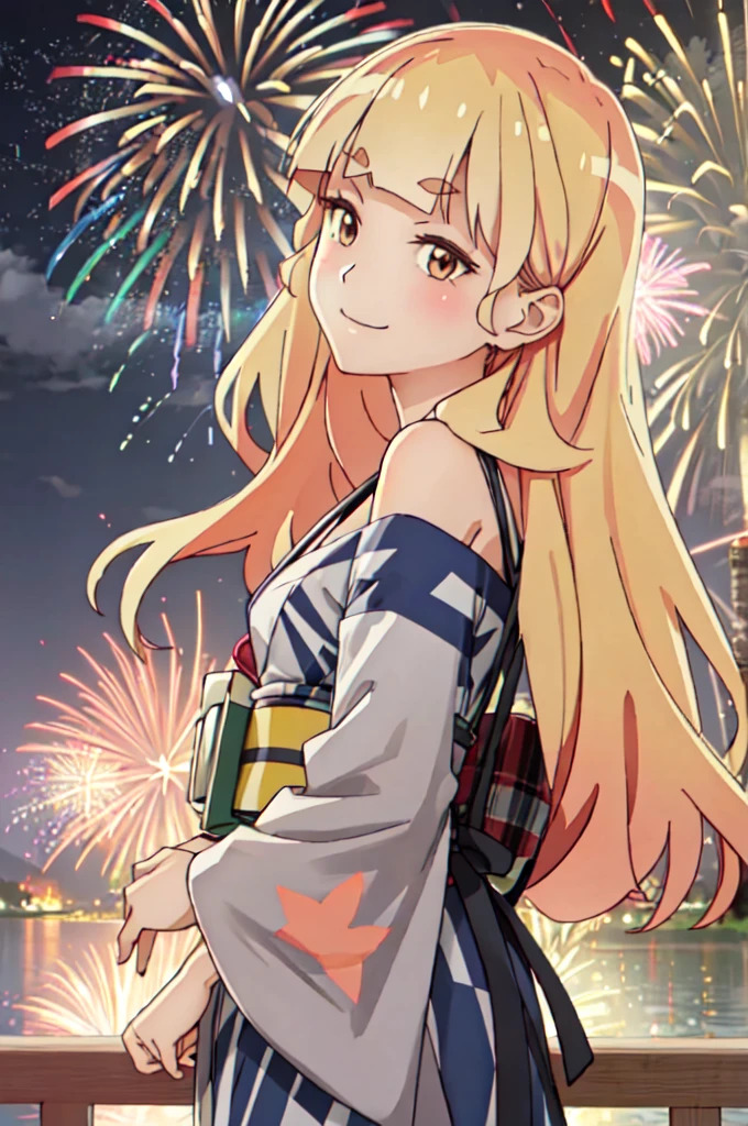 masterpiece, best quality, ultra detailed, highres, extremely detailed CG unity 8k wallpaper, perfect lighting,  very detailed background, beautiful and aesthetic,sharp focus, perfect face, dynamic pose, dynamic angle,
1girl, upper body, (portrait:1.1), multicolored yukata, kanzashi, looking at viewer,  full-face blush, from side, from below, smile,
night, dark sky, misty lake, mountainous horizon, BREAK,aerial fireworks,  (Full of sky fireworks:1.2),
Shoulder Bare、Off the shoulder、Blonde