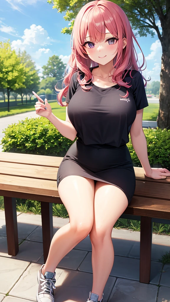 masterpiece, best quality, high detail, beautiful woman, wavy hair, pink hair, large bust, purple t-shirt, loose t-shirt, white pencil skirt, skirt pockets, sneakers, looking at viewer, smile, wide eyed, garden, grass, park, bench, tree,