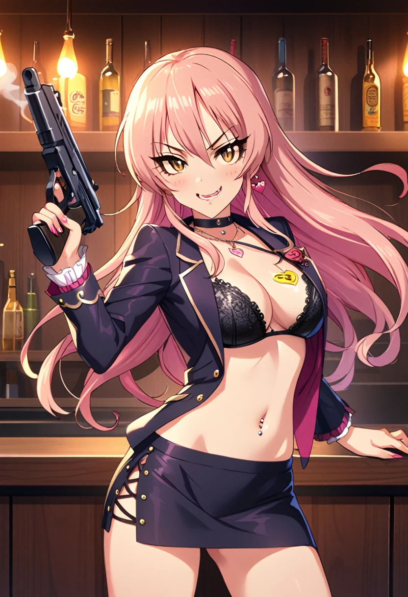 mika jougasaki, 1girl, pink hair, solo, yellow eyes, seductive smile, blush, lipstick, long hair, Hot girl, baddie, staring, glaring, bad attitude, mean girl, crazy, smoking, bar background, inside bar, indoor,smile, masterpiece, best quality, highly detailed, a girls with a gun, open mouth, blazer, sexy gaze, (nsfw) not
safe for work, badass pose , evil smile, smile, black bra, anime girl with long hair, long haired girl,
navel, evil expression, exposed belly, exposed navel, exposed midriff, exposed lower belly, micro
miniskirt, micro pencil skirt, pencil skirt ,holding a gun, holding pistol, navel piercing